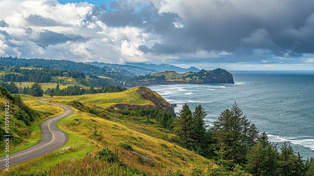 A winding road follows the stunning coastline, bordered by lush greenery and dramatic cliffs, under a sky filled with clouds. A winding road follows the stunning coastline, bordered by lush greenery and dramatic cliffs, under a sky filled with clouds.