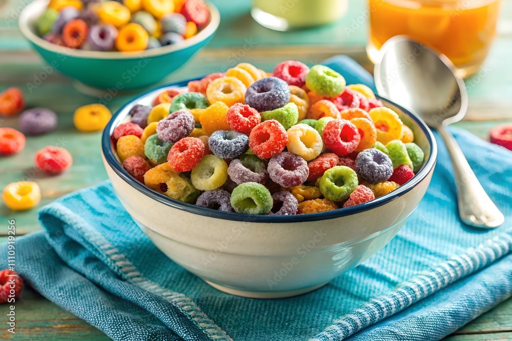 A vibrant bowl of colorful fruit cereal loops on a turquoise napkin with a silver spoon, creating a bright and cheerful breakfast scene. A vibrant bowl of colorful fruit cereal loops on a turquoise napkin with a silver spoon, creating a bright and cheerful breakfast scene.