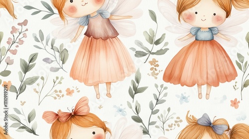 A whimsical pattern featuring cute fairies and floral elements in soft colors.