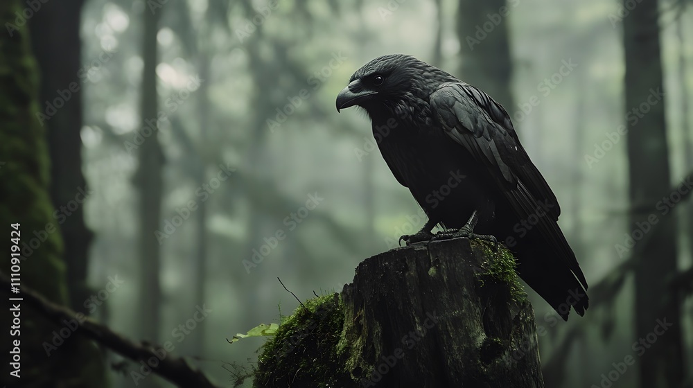 Naklejka premium A striking raven perched on a mossy stump in a misty forest, surrounded by tall trees and a serene, mysterious atmosphere.