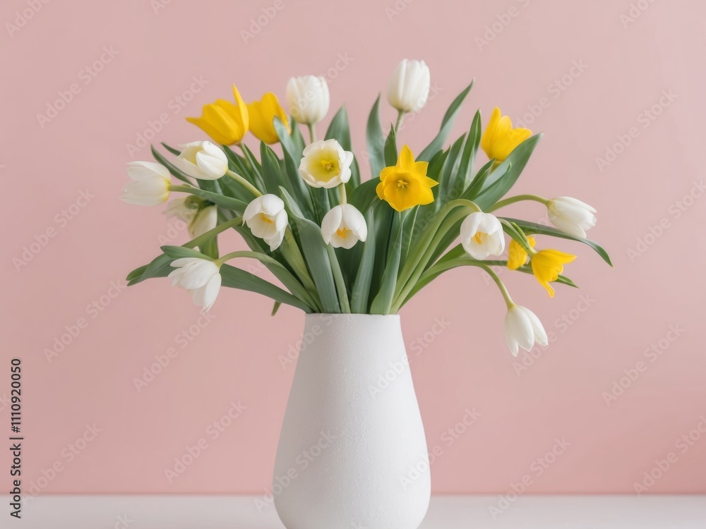 A white vase filled with fresh flowers on a pink background. A white vase filled with fresh flowers on a pink background.