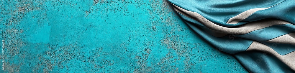 Fototapeta premium Elegant silk drape in soft shades of blue on a textured aqua background.