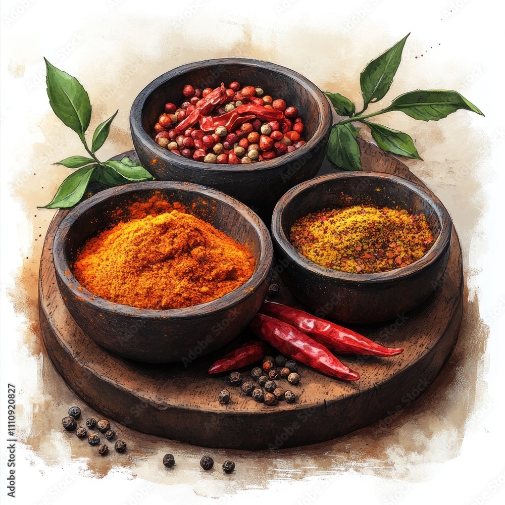 A wooden platter featuring bowls of various spices and dried red chilies, emphasizing culinary use. A wooden platter featuring bowls of various spices and dried red chilies, emphasizing culinary use.