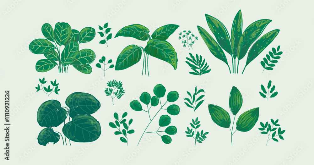 Flat leaves, bush trees, grass, wild plants hand drawing vector illustration. Foret, meadow, park and garden element nature set. Flat leaves, bush trees, grass, wild plants hand drawing vector illustration. Foret, meadow, park and garden element nature set.