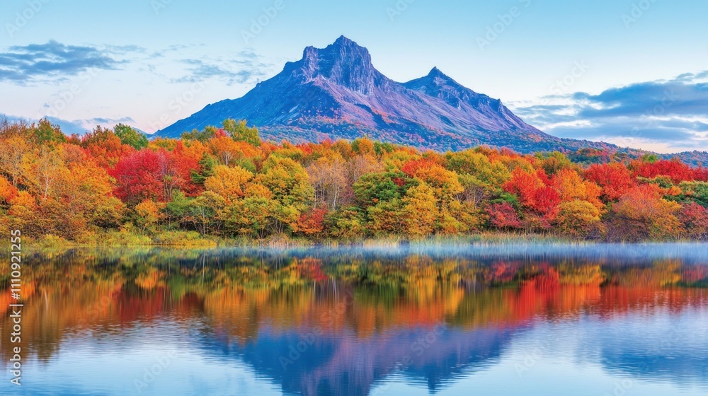 Fototapeta premium Autumnal Serenity: Majestic Mountain Reflected in a Tranquil Lake