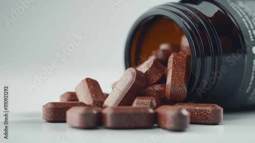 Close-up of brown pills spilling from dark bottle on white surface. Pharmaceutical and healthcare concept photo