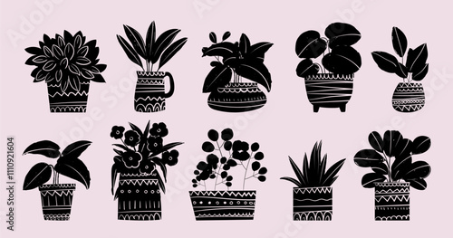 Flowers, plants on pot, vases hand drawn vector illustration element. Houseplants collection isolated on white background.