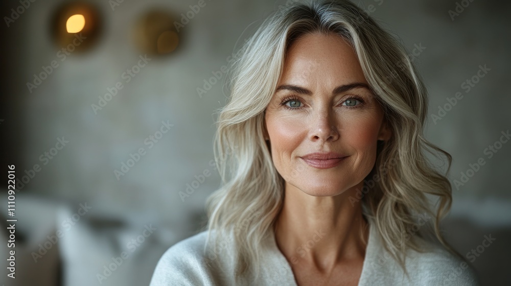 Portrait of mature woman with gray hair smiling indoors, natural light. Confidence and beauty concept Portrait of mature woman with gray hair smiling indoors, natural light. Confidence and beauty concept