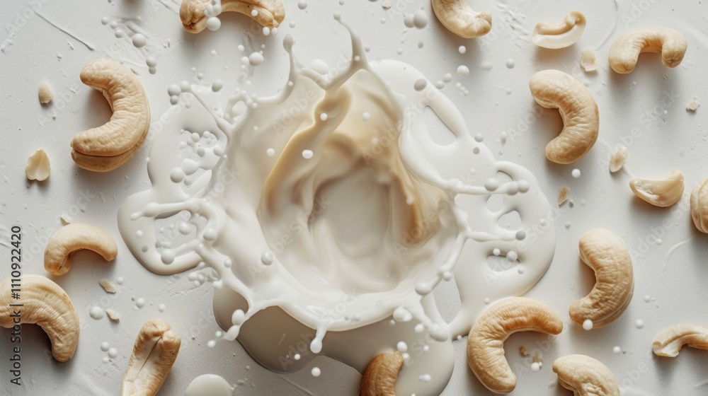 Plant based milk splashing on neutral background with almonds Plant based milk splashing on neutral background with almonds