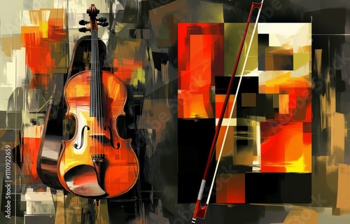 a painting of an abstract violin and a violin case with a bow, masterful composition!!!, orphism style, graphic musicality, cubism style, virtuosic painting, synthetic cubism, cubist style, complex co photo