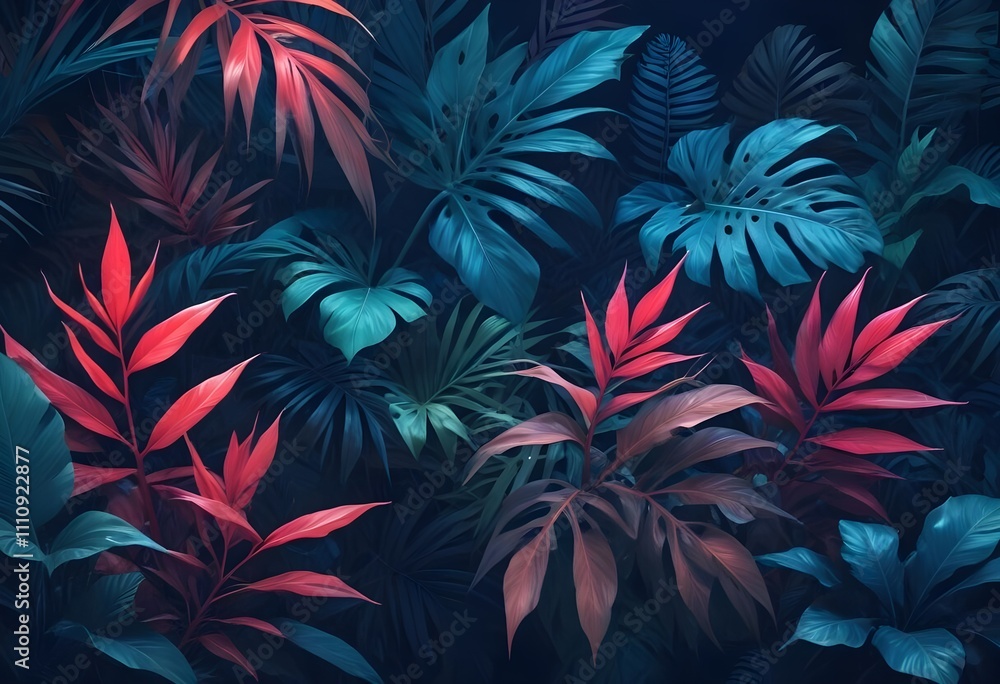 Tropical exotic pattern with animal and flowers in bright colors and lush vegetationn Tropical exotic pattern with animal and flowers in bright colors and lush vegetationn