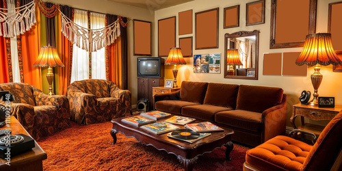 70s style hall living room interior in warm orange tones with lots of decor, indoors home retro vintage old design