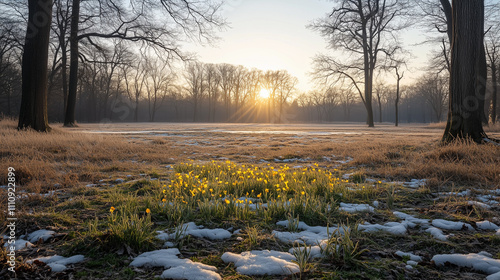 Snowdrops blooming in meadow at sunrise