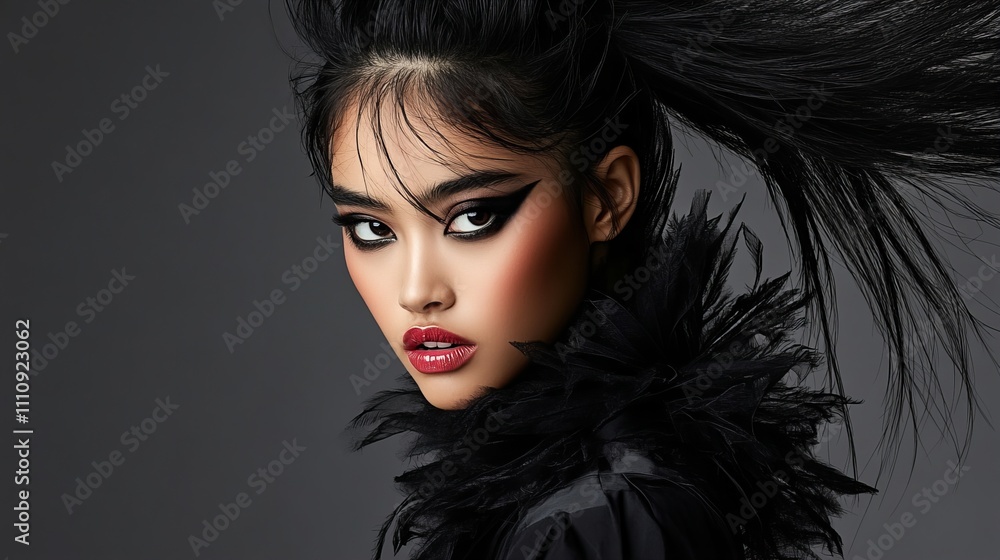 Striking portrait of an Asian female model with dramatic makeup and flowing hair against a dark background. Striking portrait of an Asian female model with dramatic makeup and flowing hair against a dark background.
