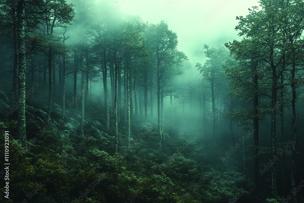 Misty Green Forest Enveloped In Foggy Atmosphere Misty Green Forest Enveloped In Foggy Atmosphere
