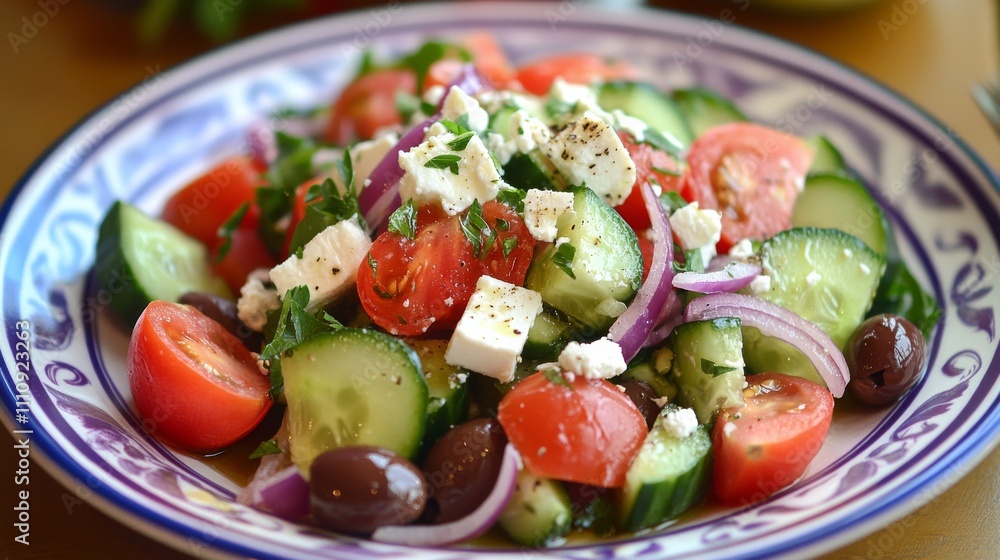 Photo of, A colorful plate of Greek salad featuring ripe tomatoes, crisp cucumbers Photo of, A colorful plate of Greek salad featuring ripe tomatoes, crisp cucumbers