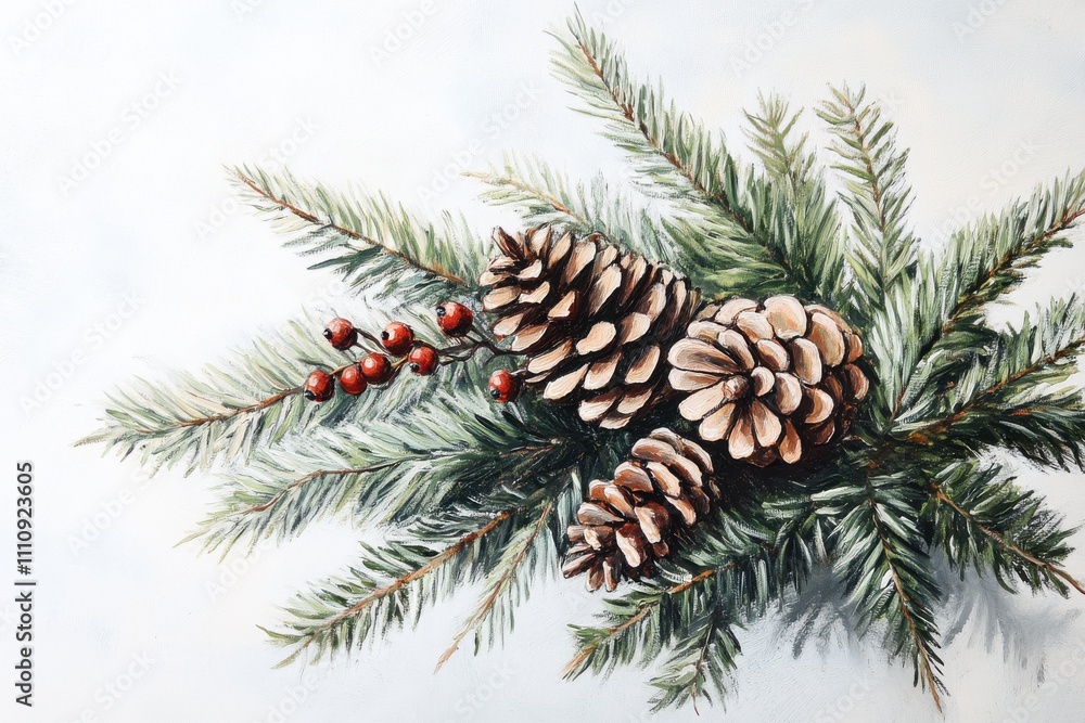 Visual representation of a pine branch adorned with pinecones and berries captured in a serene winter setting Visual representation of a pine branch adorned with pinecones and berries captured in a serene winter setting