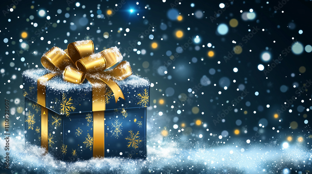 A gift box with a glowing ribbon, surrounded by snow and sparkles, ñute vector illustration, greeting card, website banner A gift box with a glowing ribbon, surrounded by snow and sparkles, ñute vector illustration, greeting card, website banner
