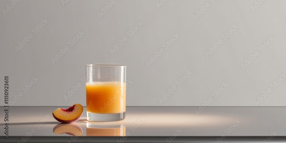 A glass of peach juice is sitting on a table with a peach slice on the side. A glass of peach juice is sitting on a table with a peach slice on the side.