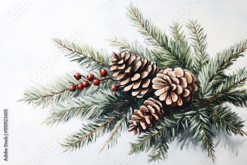 Visual representation of a pine branch adorned with pinecones and berries captured in a serene winter setting