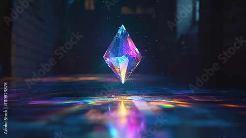 Rainbow reflections on the floor are created by a 3D illuminating crystal suspended in midair in a pitch-black environment.