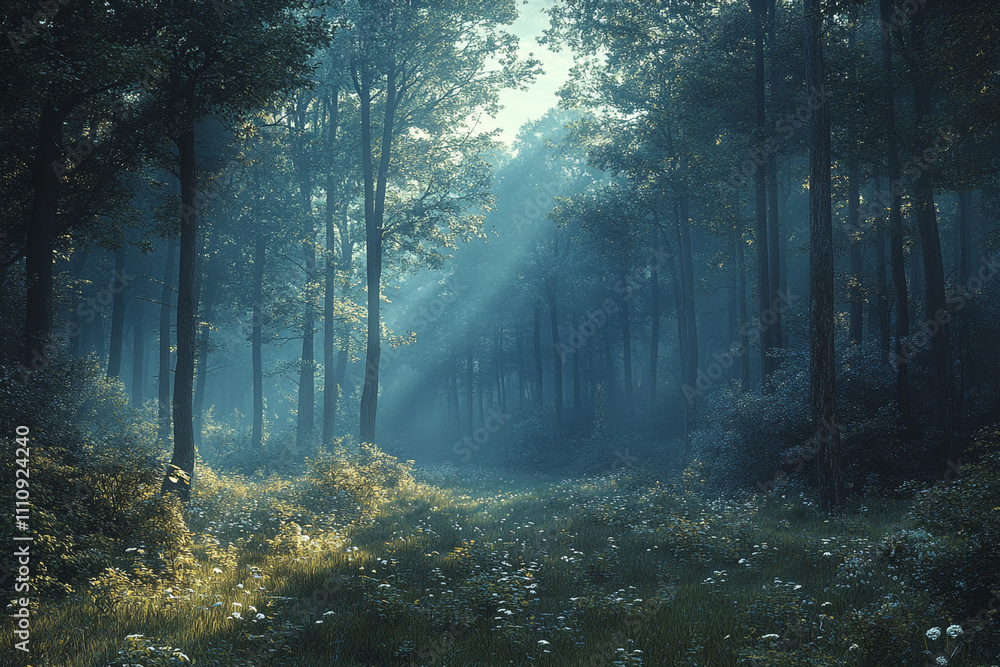 Obraz premium Sunlit Path Through A Misty Forest Of Tall Trees