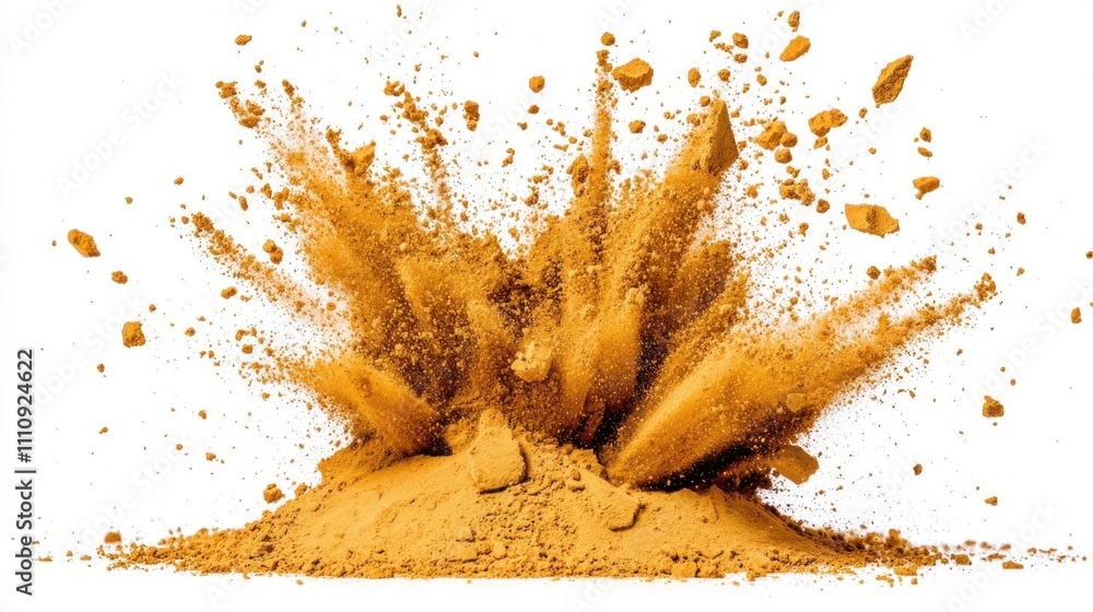 A photostock of shimmering golden powder exploding in mid-air, isolated on a clean white background, perfect for luxury, festive, or artistic designs. High Quality A photostock of shimmering golden powder exploding in mid-air, isolated on a clean white background, perfect for luxury, festive, or artistic designs. High Quality
