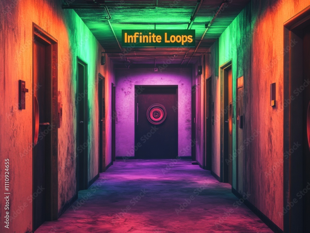 Fototapeta premium Vivid Neon Hallway Leading to Mysterious Door with Infinite Loops Sign