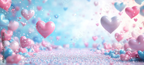 Beautiful Valentine's Day banner withe hearts bright colors, Bright and romantic love design, copy space for text photo