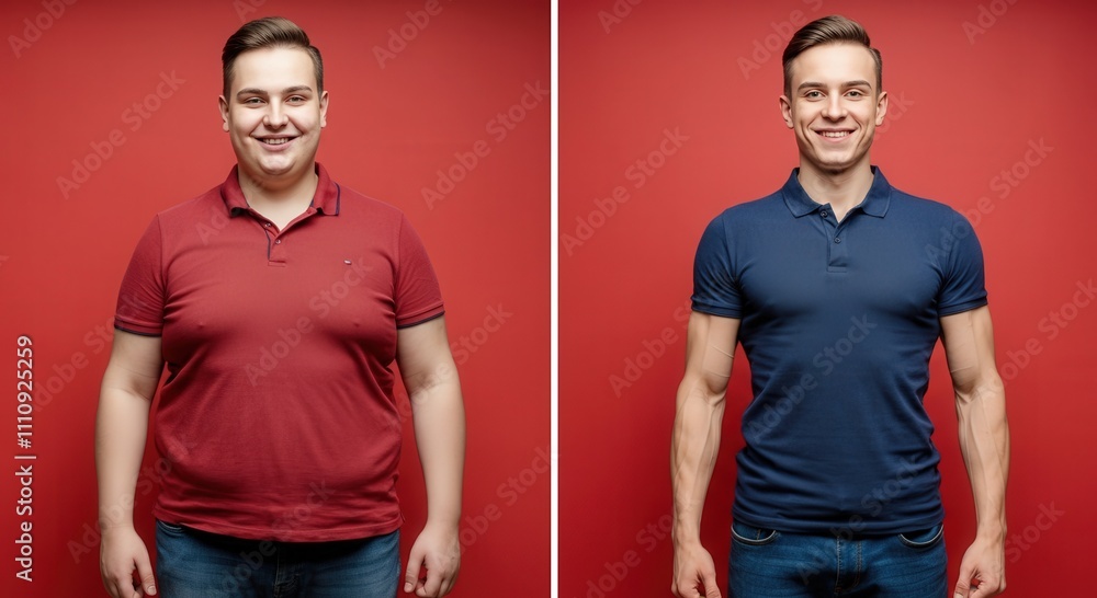 Transformation journey, fitness progress, before and after comparison, red and blue contrast Transformation journey, fitness progress, before and after comparison, red and blue contrast
