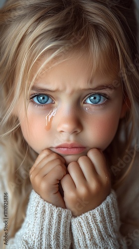 A cute little girl with blonde hair and blue eyes, wearing white , is crying while holding her hand to the side of her mouth. She has tears in both of her eyes. The background is white. This is a high