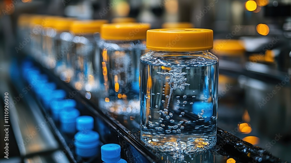 Bottles of sparkling water on a production line, showcasing the manufacturing process. Bottles of sparkling water on a production line, showcasing the manufacturing process.