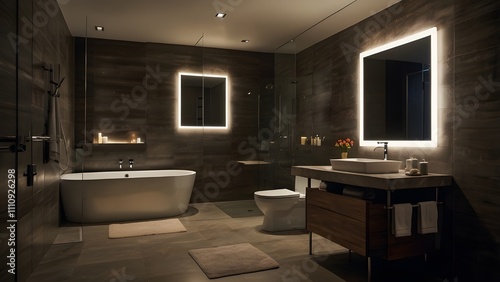 Modern bathroom with shower, bathtub, mirror, and washstand that is illuminated at night
