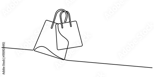 Continuous single line drawing of shopping bag design. Simple paper bag one line vector illustration, Continuous one line drawing of paper bag with the  sale word, Continuous Line Drawing of Reusable.