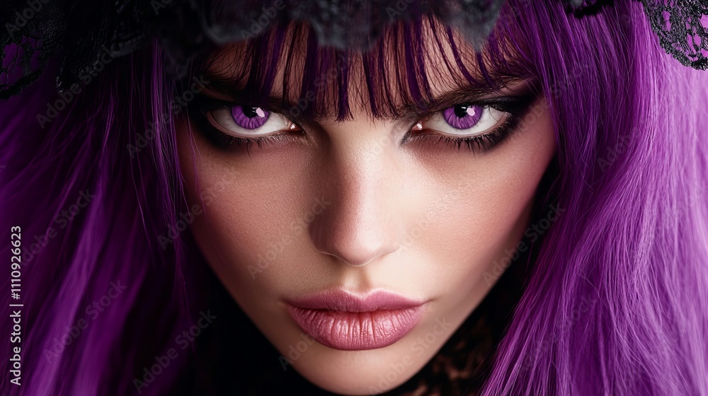 A striking young woman with vibrant purple hair and captivating violet eyes, set against a dark background. A striking young woman with vibrant purple hair and captivating violet eyes, set against a dark background.