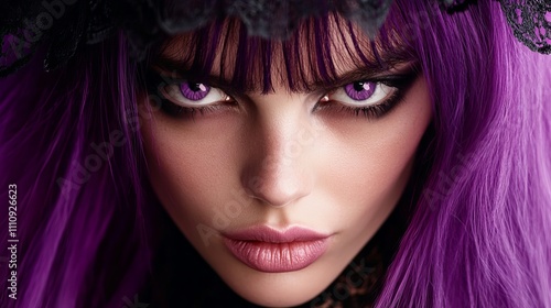 A striking young woman with vibrant purple hair and captivating violet eyes, set against a dark background.