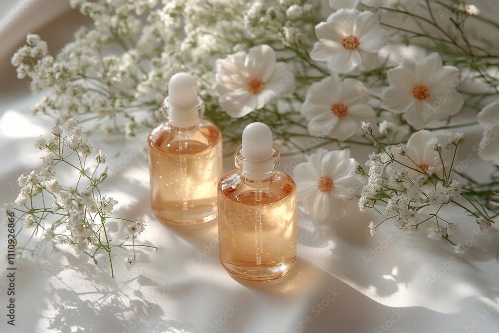 A flat lay composition featuring two small glass bottles, one with an oil and the other containing a cream or serum, placed on top of white paper. The background is pure white, creating a contrast bet A flat lay composition featuring two small glass bottles, one with an oil and the other containing a cream or serum, placed on top of white paper. The background is pure white, creating a contrast bet