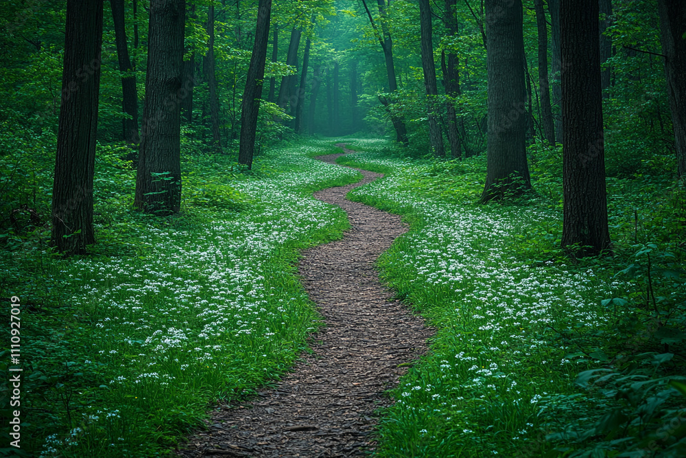Obraz premium Winding Forest Path Through White Flowers