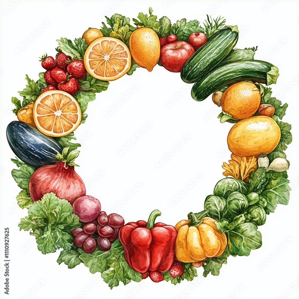 Various vegetables and fruits arranged in a circle in a hand-drawn style on a white background