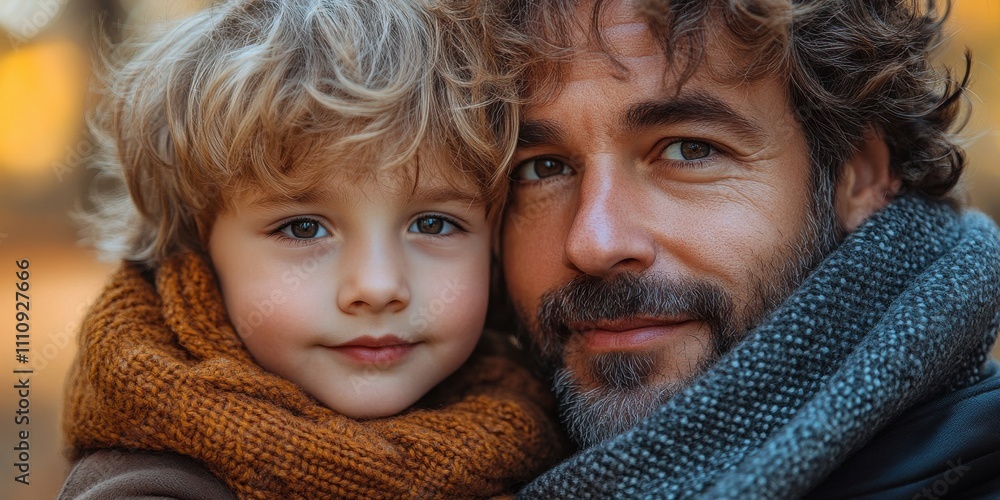 Father and son share a warm embrace outdoors during autumn surrounded by colorful foliage Father and son share a warm embrace outdoors during autumn surrounded by colorful foliage