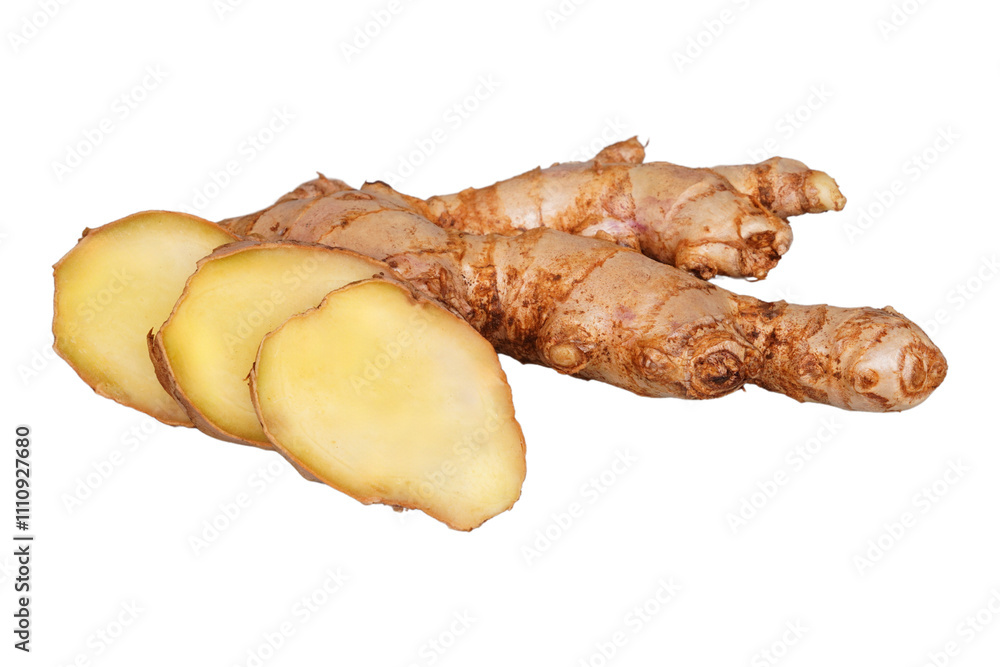 A raw ginger root and some slices isolated transparent A raw ginger root and some slices isolated transparent