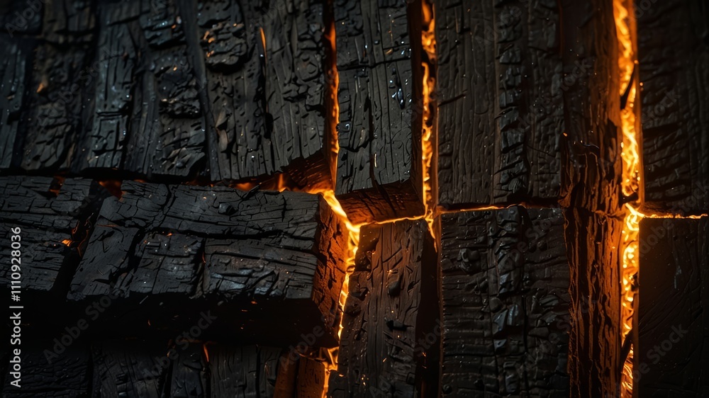 Obraz premium Close-up of charred wood, glowing embers, intricate cracks and textures