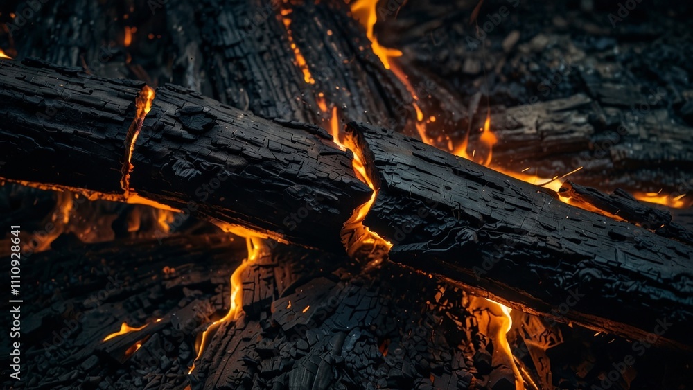 Close-up of charred wood, glowing embers, intricate cracks and textures Close-up of charred wood, glowing embers, intricate cracks and textures