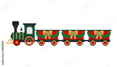Christmas train toy. Steam train with wagons decorated with Christmas wreaths and bows. Flat illustration on white background.