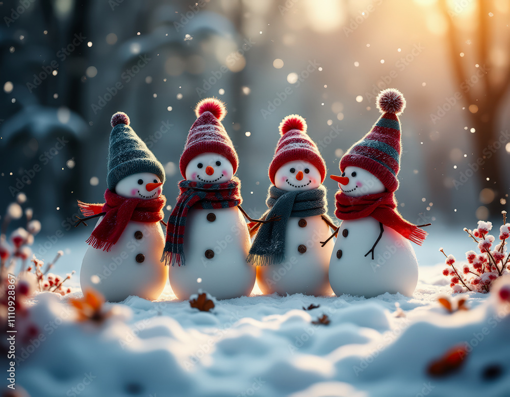 A group of cheerful snowmen wearing colorful hats and scarves celebrate in a snowy landscape. A group of cheerful snowmen wearing colorful hats and scarves celebrate in a snowy landscape.