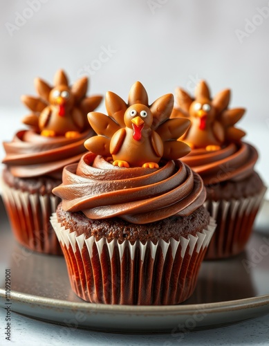 Thanksgiving themed cupcakes decorated with chocolate turkeys on a gray plate photo