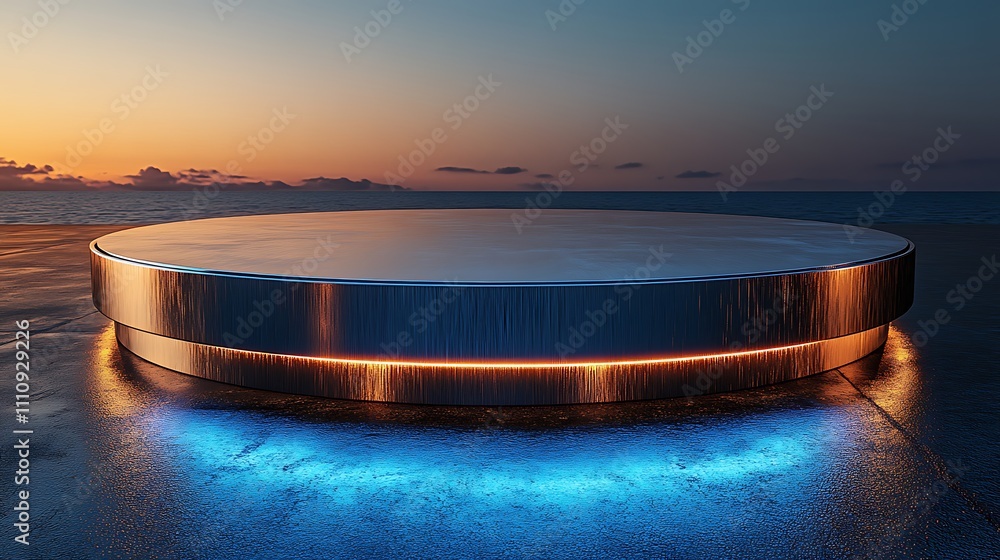 Circular metallic podium with a brushed finish, reflecting a gradient of blue and silver lights. Circular metallic podium with a brushed finish, reflecting a gradient of blue and silver lights.