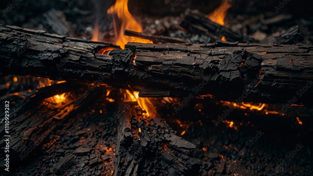 Close-up of charred wood, glowing embers, intricate cracks and textures Close-up of charred wood, glowing embers, intricate cracks and textures