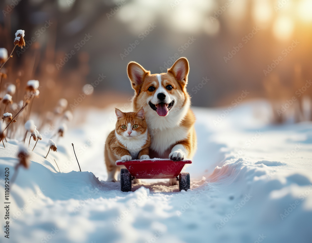 Adorable corgi and cat share a joyful sled ride through a snowy winter landscape. Embrace friendship and fun in this heartwarming outdoor scene Adorable corgi and cat share a joyful sled ride through a snowy winter landscape. Embrace friendship and fun in this heartwarming outdoor scene