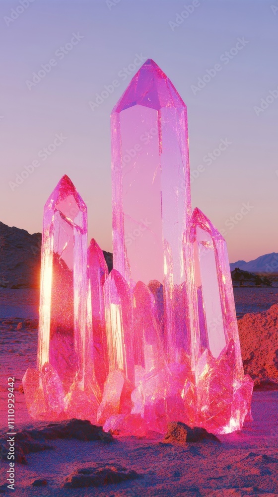 Beautiful pink quartz crystals in the desert at sunset showcase nature's artistry and vibrant colors in a stunning landscape Beautiful pink quartz crystals in the desert at sunset showcase nature's artistry and vibrant colors in a stunning landscape